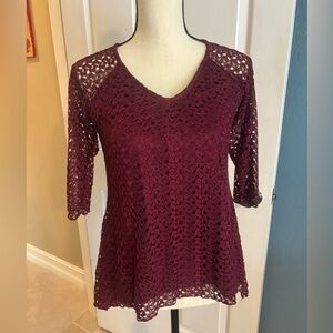 Brittany Black Blouse 3/4 Sleeve Lace Overlay Merlot Color Lined Bodice Sz M Est